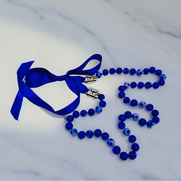 Chanel Spotted Glass Bead Long Silk Ribbon Blue Necklace - Picture 6 of 8